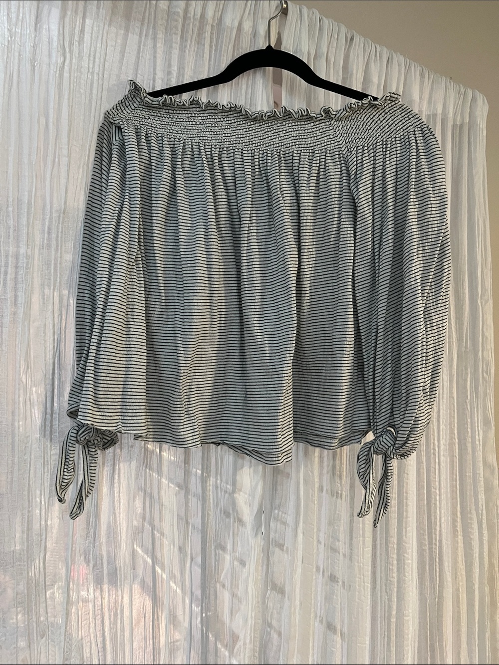 Off-Shoulder Striped Peasant Top - Black & White